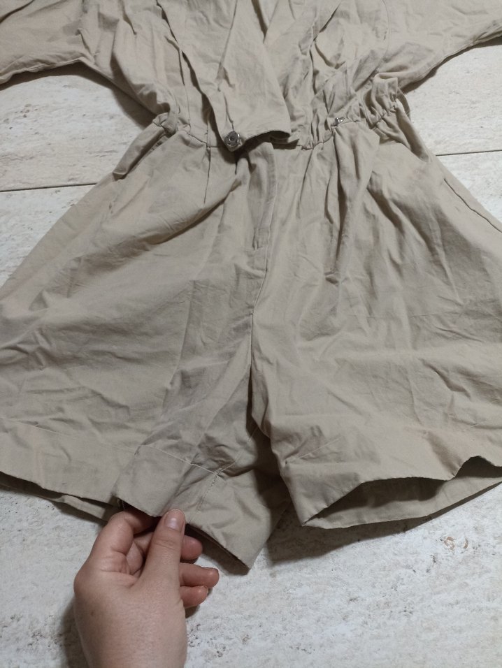 Kemerli Bej Keten Kadın Mini Tulum - Görsel 3