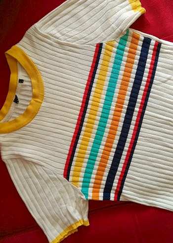 Renkli Çizgili Kısa Kollu Kadın Tişört - Görsel 2