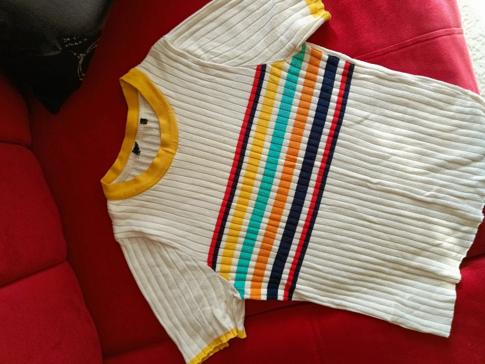 Renkli Çizgili Kısa Kollu Kadın Tişört - Görsel 2