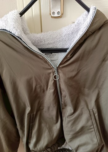 haki yeşili Kapüşonlu Fermuarlı Kadın Ceket - Görsel 4