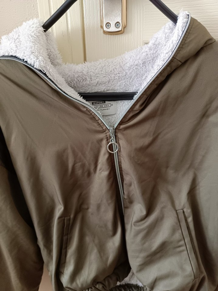 haki yeşili Kapüşonlu Fermuarlı Kadın Ceket - Görsel 4