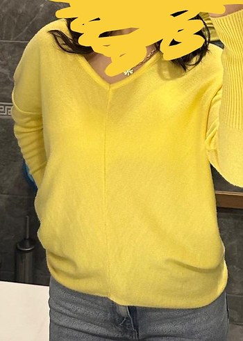 Sarı V Yaka Kadın Keten Triko Kazak - Görsel 2