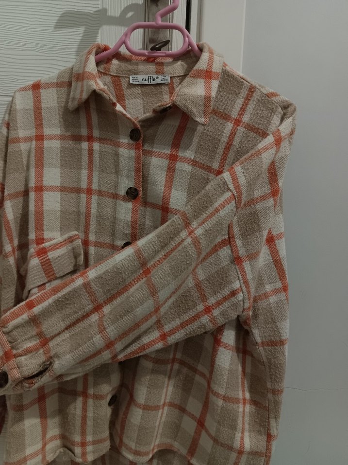 Bej Ekoseli Uzun Kollu keten Gömlek - Görsel 3