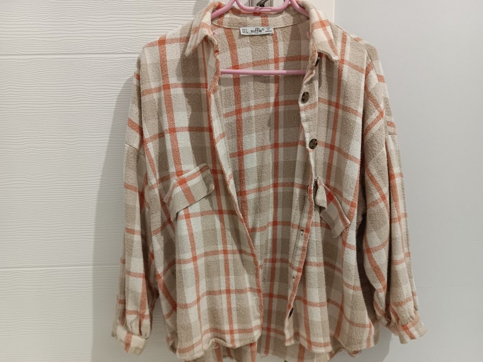 Bej Ekoseli Uzun Kollu keten Gömlek - Görsel 2