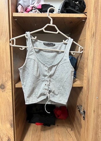 Düğmeli Gri Halter Yaka Crop Top