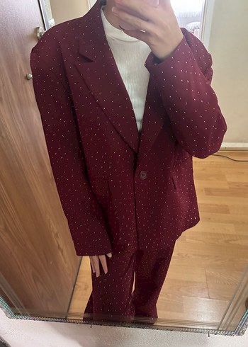 Bordo Taşlı Blazer Ceket Pantolon Takım
