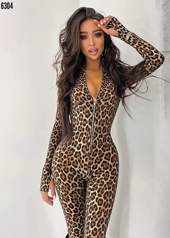 Leopar Desenli Uzun Kollu Tulum - Görsel 5