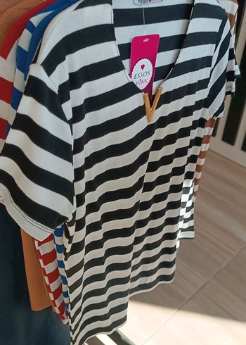 Essos Pink Siyah Beyaz Çizgili Tişört - Görsel 3