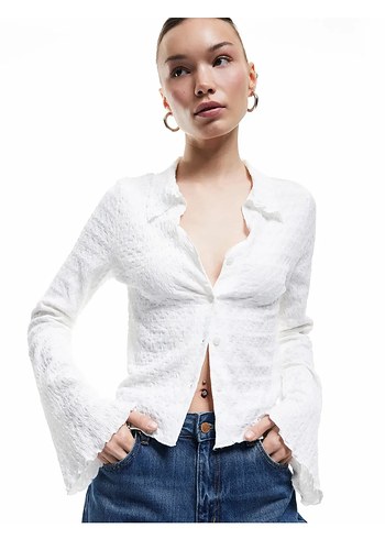 Düğmeli V Yaka Beyaz Denim Bluz