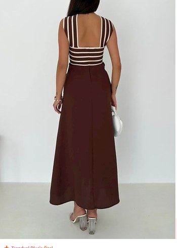 Kahverengi Çizgi Detaylı Uzun Triko Elbise - Görsel 2