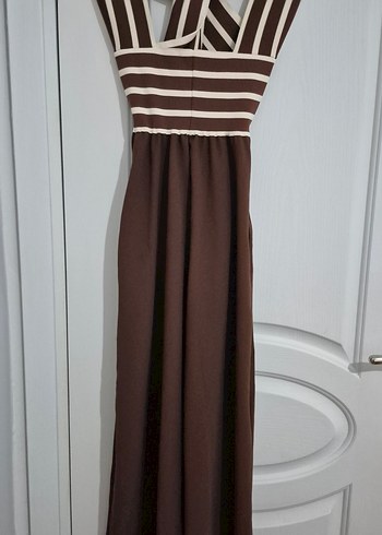 Kahverengi Çizgi Detaylı Uzun Triko Elbise - Görsel 4