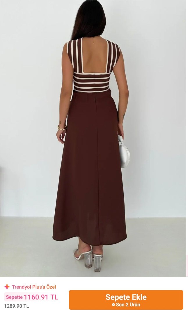 Kahverengi Çizgi Detaylı Uzun Triko Elbise - Görsel 2