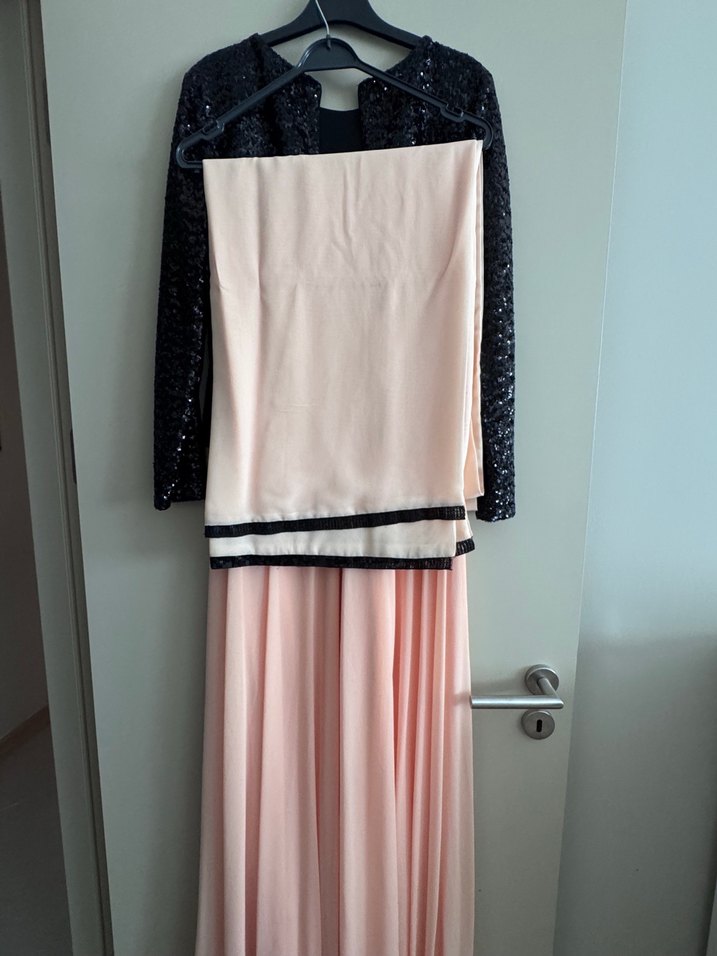 Somon renkli üstü pullu Uzun Drapeli Kadın Abiye Elbise - Görsel 3