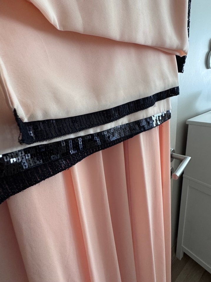 Somon renkli üstü pullu Uzun Drapeli Kadın Abiye Elbise - Görsel 4