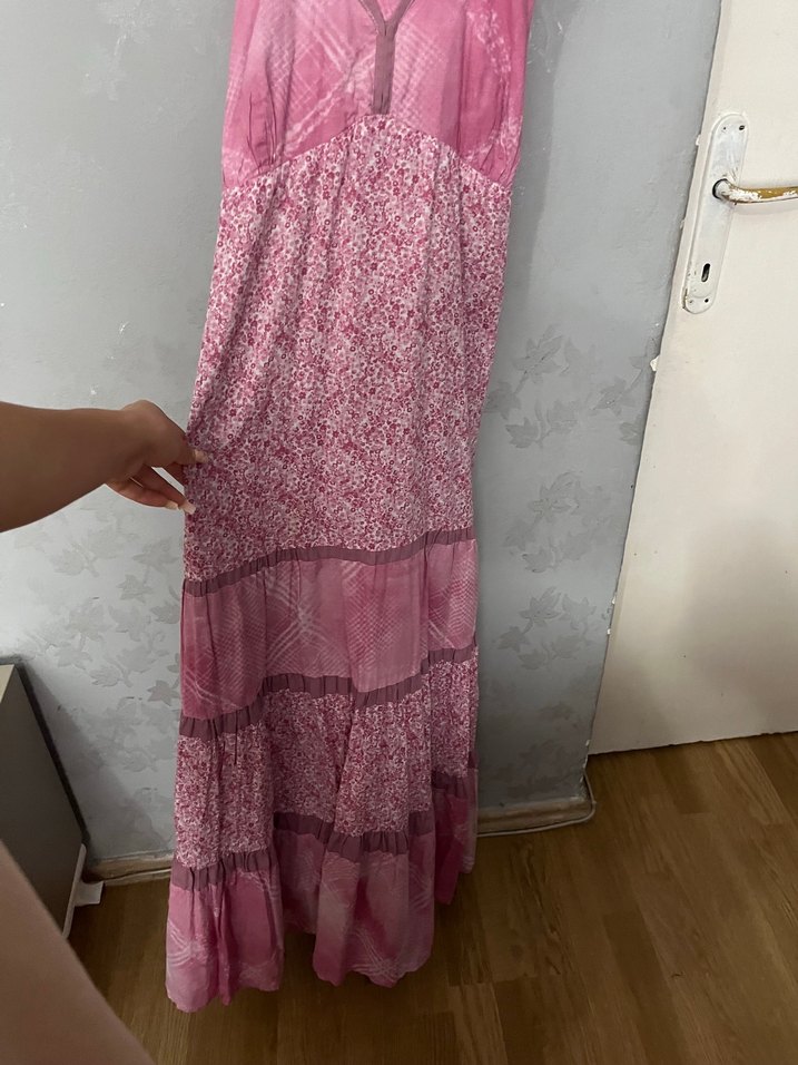 Dantel Detaylı Pembe Bohem Uzun çaprazlı Elbise - Görsel 3