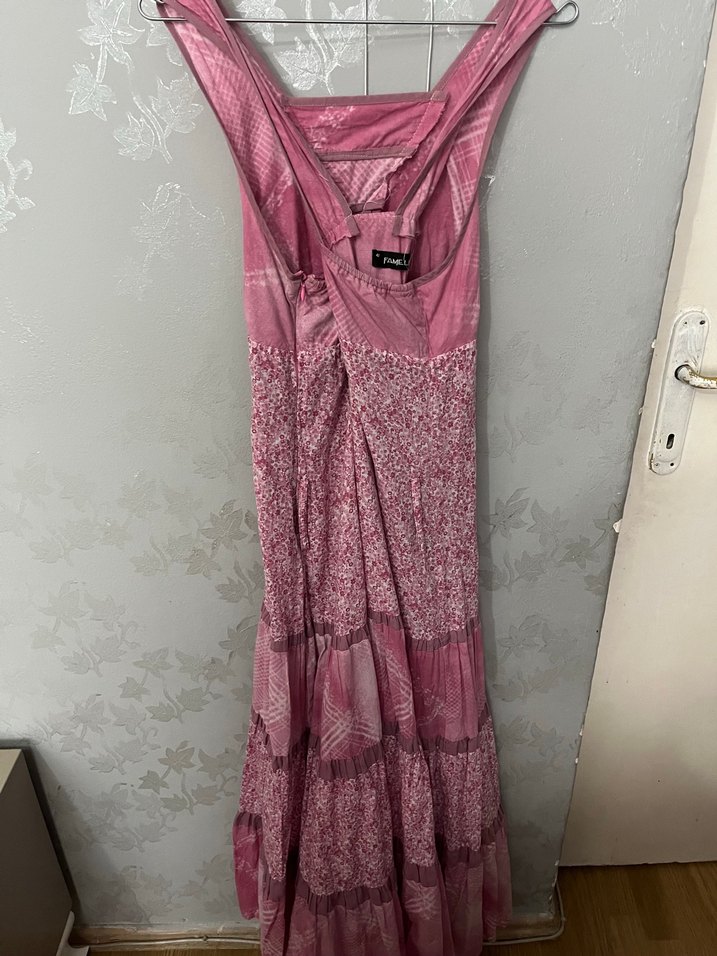 Dantel Detaylı Pembe Bohem Uzun çaprazlı Elbise - Görsel 4