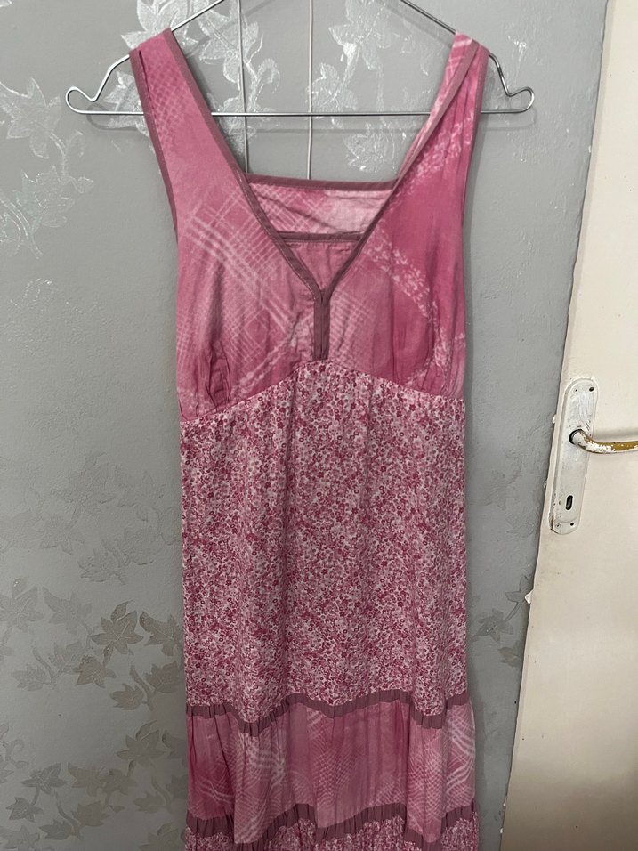 Dantel Detaylı Pembe Bohem Uzun çaprazlı Elbise - Görsel 2