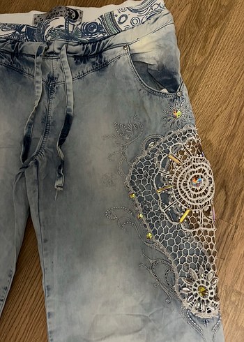 Bohem Gri Mavi Batik Desenli Bol Kesim Kadın Kot - Görsel 5