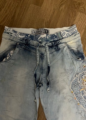 Bohem Gri Mavi Batik Desenli Bol Kesim Kadın Kot - Görsel 6