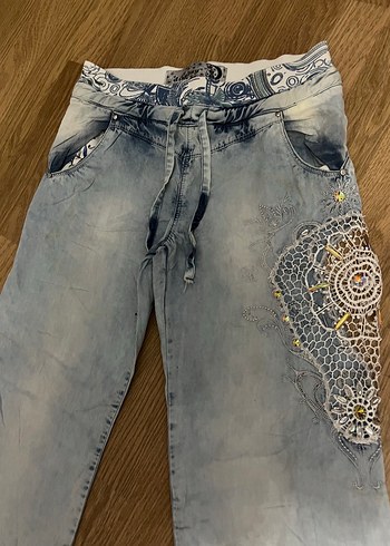 Bohem Gri Mavi Batik Desenli Bol Kesim Kadın Kot - Görsel 4