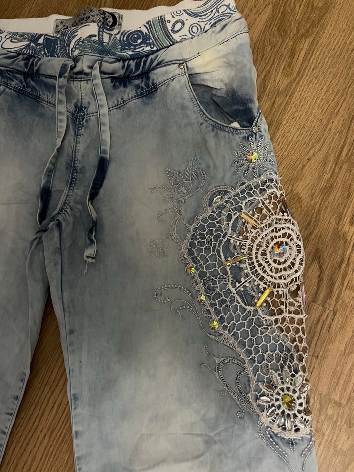 Bohem Gri Mavi Batik Desenli Bol Kesim Kadın Kot - Görsel 5