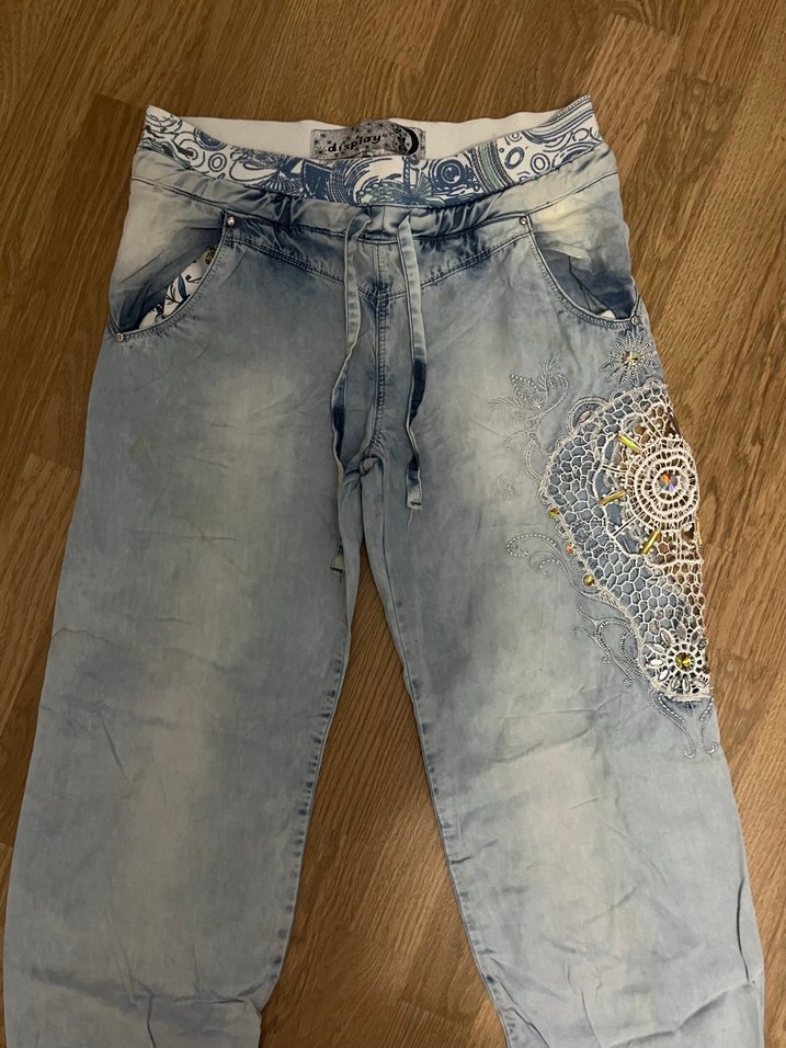 Bohem Gri Mavi Batik Desenli Bol Kesim Kadın Kot - Görsel 3