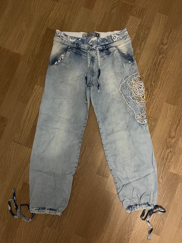 Bohem Gri Mavi Batik Desenli Bol Kesim Kadın Kot - Görsel 2