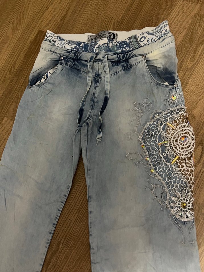 Bohem Gri Mavi Batik Desenli Bol Kesim Kadın Kot - Görsel 4