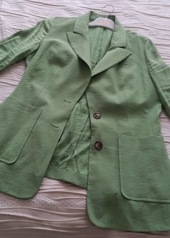 Düğmeli Yeşil Keten Kadın Blazer Ceket