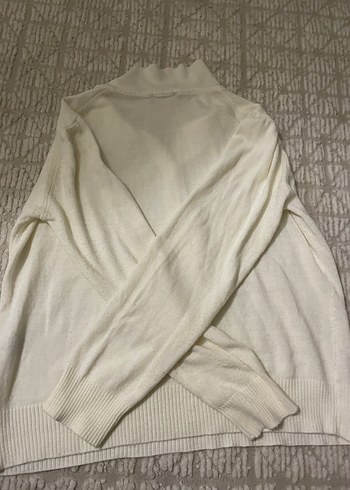 Düğmeli Beyaz Keten Kadın Kazak - Görsel 5