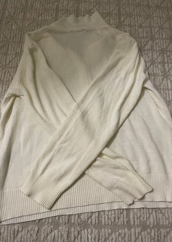 Düğmeli Beyaz Keten Kadın Kazak - Görsel 6