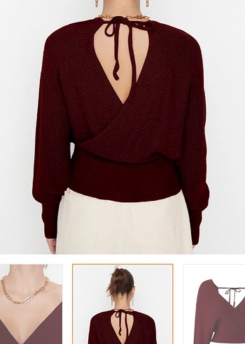 Bordo crop kazak sırt dekolteli - Görsel 5