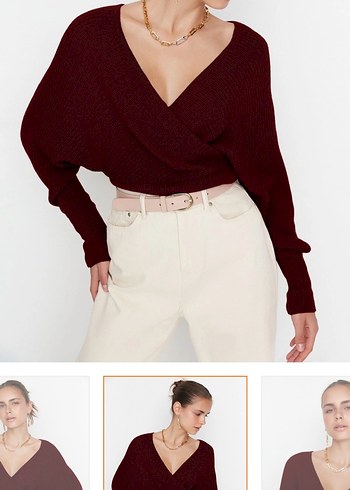 Bordo crop kazak sırt dekolteli - Görsel 2