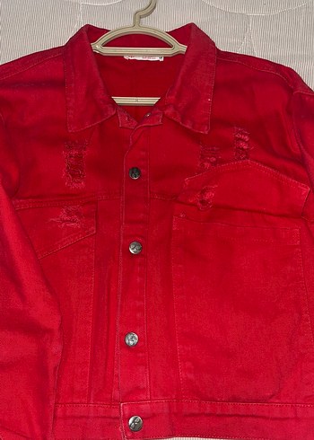 Düğmeli Kırmızı Kadın Denim Ceket 38.40 beden olur - Görsel 5
