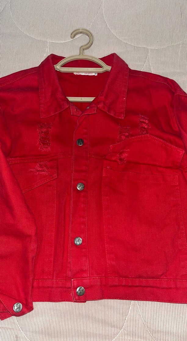 Düğmeli Kırmızı Kadın Denim Ceket 38.40 beden olur - Görsel 5
