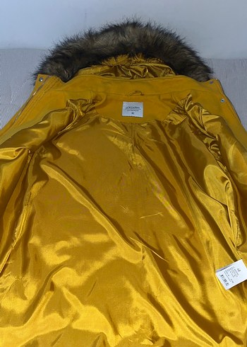 Sarı Kürklü Midi Kadın Mont kaşe - Görsel 2