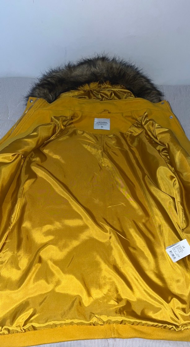 Sarı Kürklü Midi Kadın Mont kaşe - Görsel 2