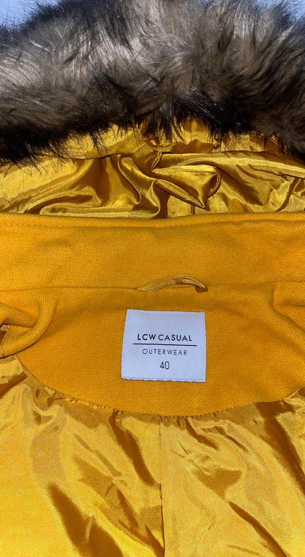 Sarı Kürklü Midi Kadın Mont kaşe - Görsel 3