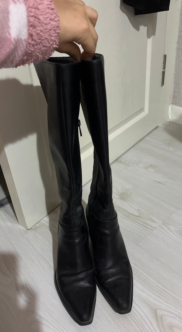 Siyah Deri Dizüstü Stiletto Topuklu Bot - Görsel 2