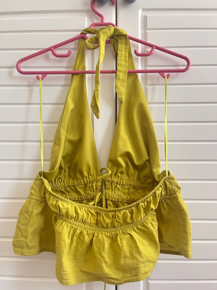 Sarı Keten Halter Yaka Askılı Bluz - Görsel 2