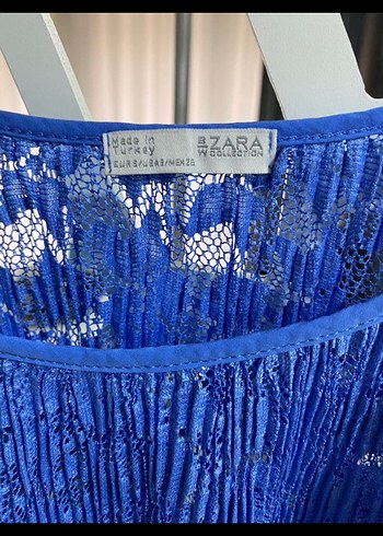 Zara Mavi Dantel Detaylı Bohem Bluz