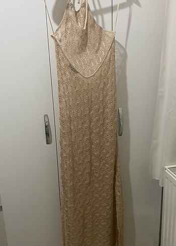 Dantel Detaylı Bej Bohem Uzun Plaj Elbisesi - Görsel 3