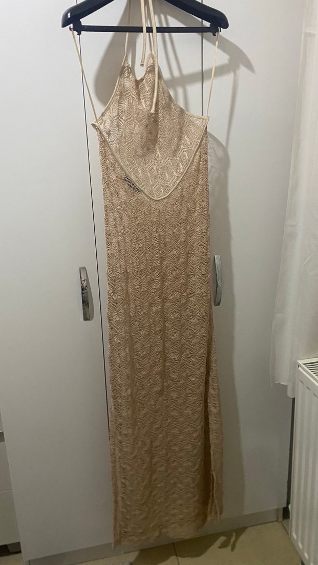 Dantel Detaylı Bej Bohem Uzun Plaj Elbisesi - Görsel 3