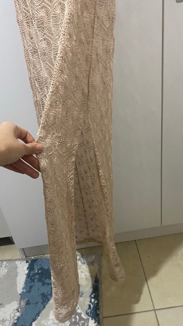 Dantel Detaylı Bej Bohem Uzun Plaj Elbisesi - Görsel 4