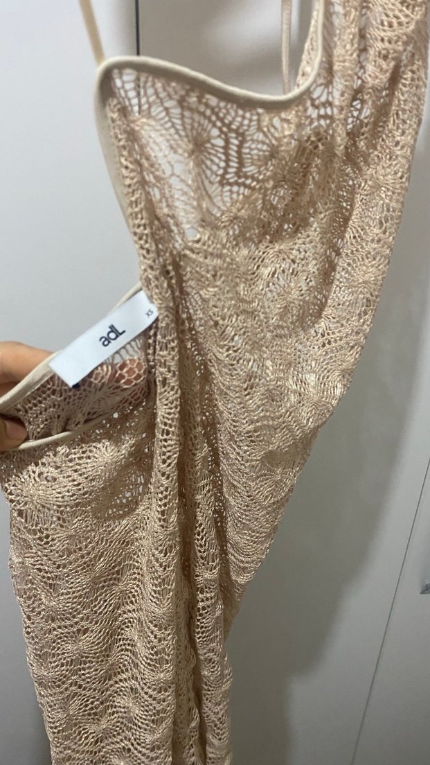 Dantel Detaylı Bej Bohem Uzun Plaj Elbisesi - Görsel 5