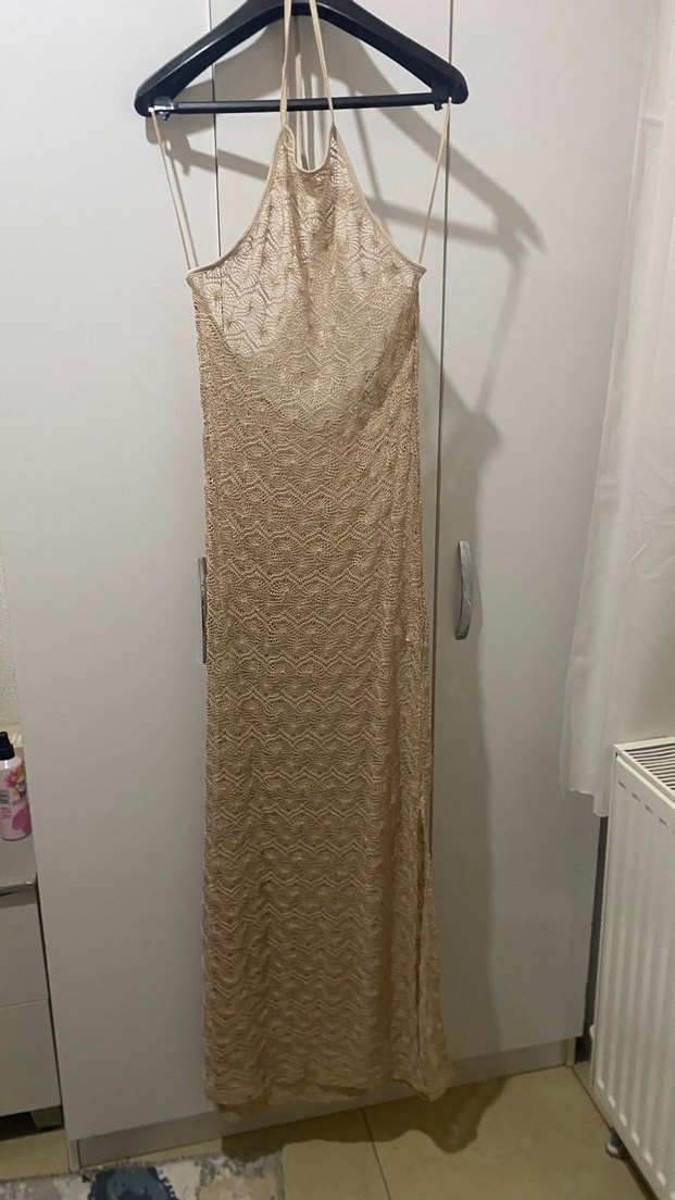 Dantel Detaylı Bej Bohem Uzun Plaj Elbisesi - Görsel 2