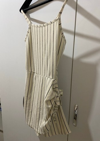 Kadın Beyaz Çizgili Keten Mini Tulum - Görsel 2