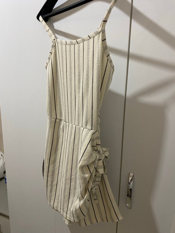 Kadın Beyaz Çizgili Keten Mini Tulum - Görsel 2