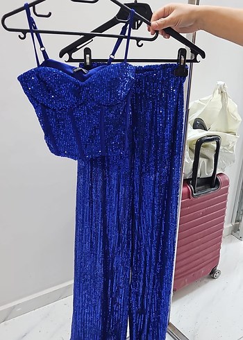 Mavi Payetli Uzun Straplez Abiye takım - Görsel 2