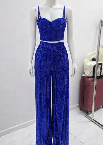 Mavi Payetli Uzun Straplez Abiye takım - Görsel 5